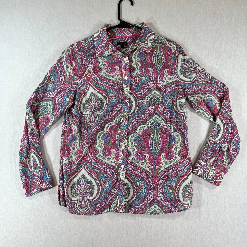 Talbots Shirt Medium Petite Cotton Paisley Button Down Pink Roll Up Sleeve
